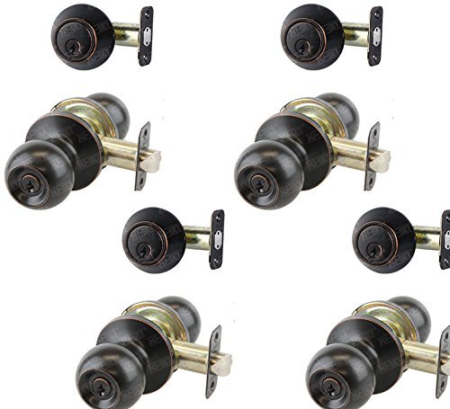 NU-SET 4 x (F-E-10B + 70010B) Fremont 4 Sets of Keyed Same Door Knob and Single Cylinder Deadbolt, Oil Bronze