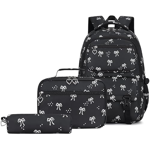 Cute Bow Backpack - Kawaii Backpack Set Coquette Aesthetic Back Pack Cute Daypack with Lunch Bag (Black)