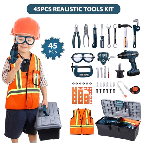 iBaseToy Kids Tool Set - 45 PCS Pretend Play Tool Toys for Toddler, Kids Electric Drill Tool Toys Kit with Working Overalls, Construction Tool Kit Playset Tool Box Gift for Kids Boys Girls - Thumbnail 2