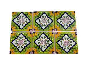 Shiv Kripa Blue Pottery Home Decorative Ceramic Wall Hanging Tile Design Flooring Tiles Floral Kitchen Washroom Mosaic Furniture Tile Handmade Backsplash 5 X 5 Inches (Pack of 6 Tile)