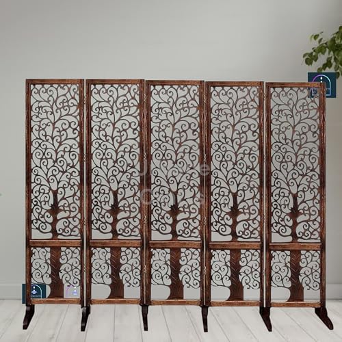 Image of Wooden Room Partition /Screen /Room Divider /Room Separator Traditional Handicrafts 6Ft (Dark Brown) (Tree 5 Panel with Stands)