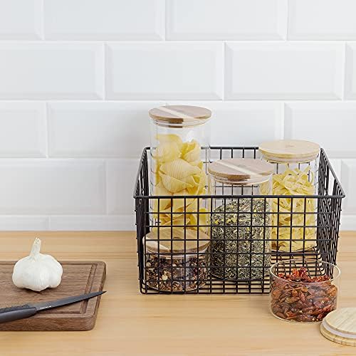 Navaris Wire Storage Basket - Set of 2 Black Metal Baskets for Kitchen Bedroom Pantry Bathroom Cupboards Chest - Household Organiser Baskets