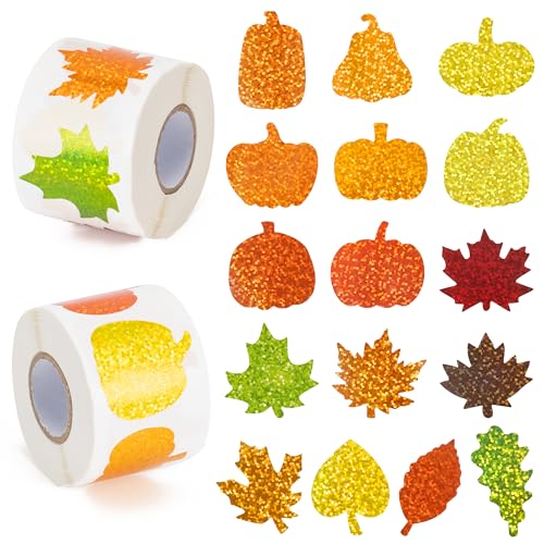 BeYumi Falll Pumpkin Leaves Sticker - 1000Pcs Fall Laser Pumpkin Maple Leaves Stickers in 2 Rolls Holographic Sparkly Glitter Autumn Thanksgiving Adhesive Decal Gift Party Envelope Decor for Kids