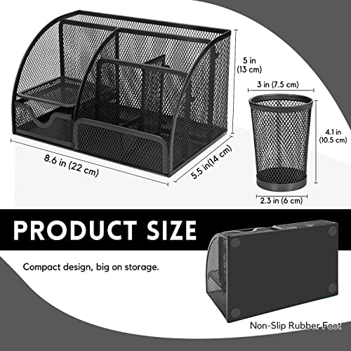 Flexzion Desk Caddy Organizer Black Metal Mesh Office Desk Supplies Organizer Caddy Desk Accessories Set For Women Men Students, 6 Compartments With Drawer And Pen Holder Desk Organizer For Work #TOP5