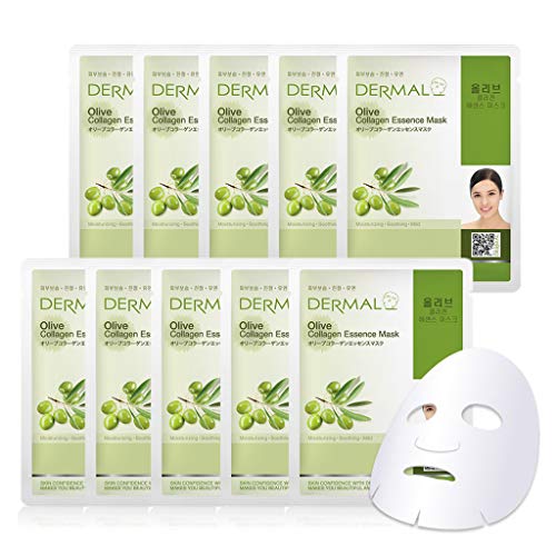 Dermal Oilve Collagen Essence Facial Mask Sheet 23G Pack Of 10 - Moisturizing And Nourishing, Daily Skin Treatment Solution Sheet Mask #TOP11