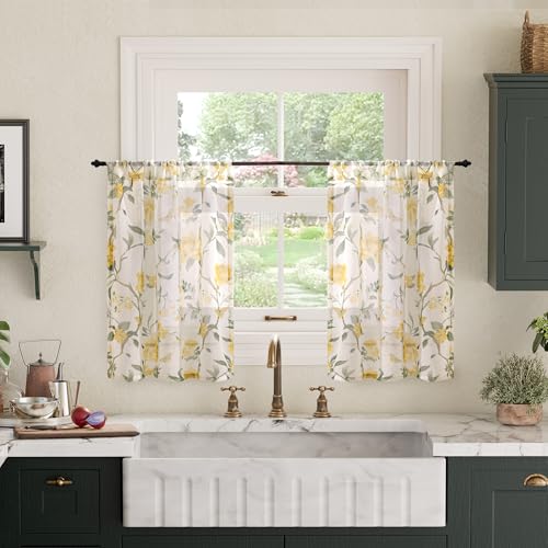 Lajode Kitchen Curtains 24 Inch Length 2 Panels, Floral Patterned Semi Sheer Light Filtering Vintage Farmhouse Basement Bathroom Half Window Short Cafe Curtains Rod Pocket, Yellow, Each 30 Inch Wide