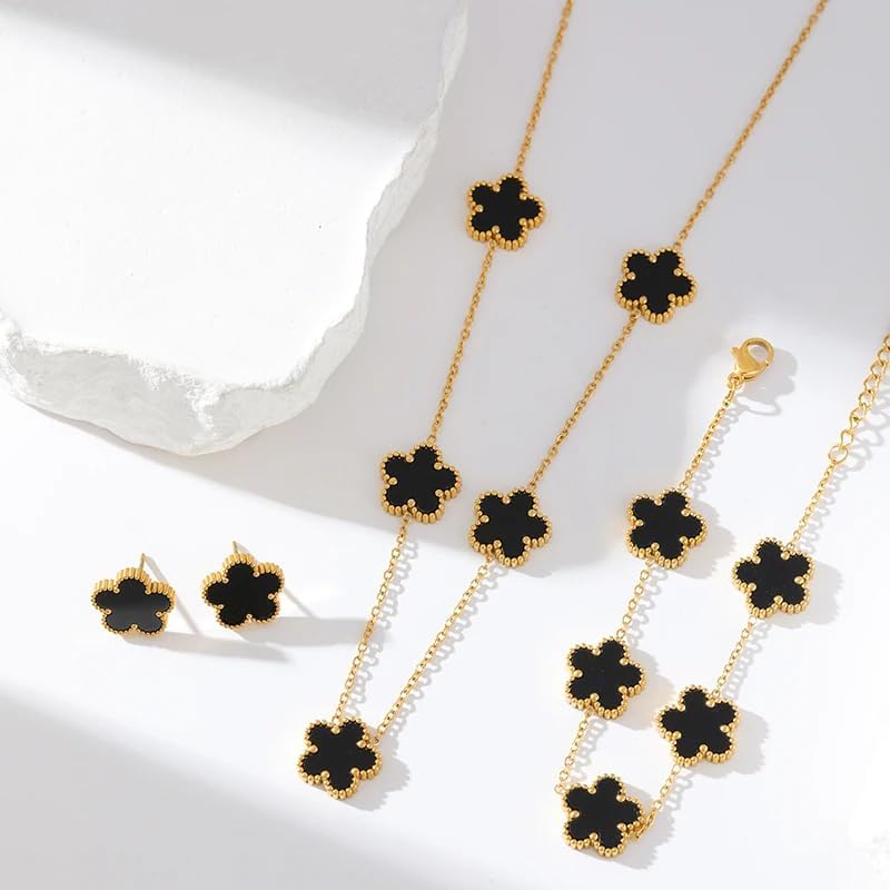 14K Gold-Filled Clover Necklace For Women - Classic Five-Leaf Flower Set Bracelet Necklace Earrings Jewelry Set, Five Leaf Clover Necklaces Dainty Lucky Clover Jewelry - Image 2