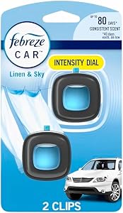 Febreze Car Air Freshener Vent Clip Linen & Sky Scent, .06 oz. Car Vent Clip, 2 Count, Blue and White