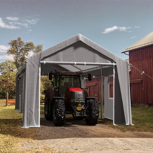 Image of 10x20FT Heavy Duty Carport Canopy 4 Roll-Up Doors & 4 Windows Portable Garage All-Season Outdoor Storage Shed for Car Truck Boat Shelter Party Tent, Gray