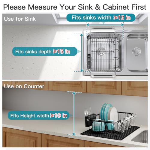 Image of JASIWAY Black Dish Drying Rack in Sink with Mat, Cups and Utensil Holder