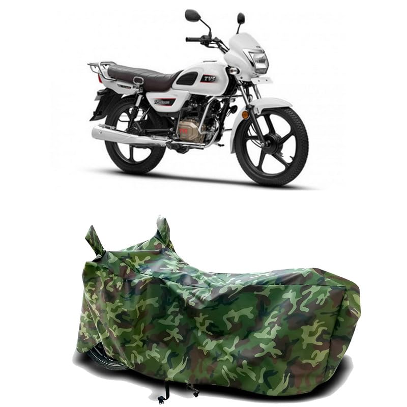 Image of DUFFEL-100% Heat Protection Two Wheeler Bike /Scooty Body Cover for TVS Radeon BS6 2023 Water Resistance /UV-Rays /Birds Dropping /Scratchproof /Dust Proof /Waterproof[Green Jungle Print]