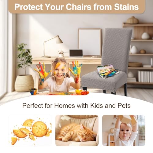 Image of SearchI Dining Room Chair Covers Set of 4, Stretch Jacquard Parsons Chair Slipcovers Removable Washable Kitchen Chair Protector Cover for Dining Room, Hotel, Ceremony (Taupe Rhombus)
