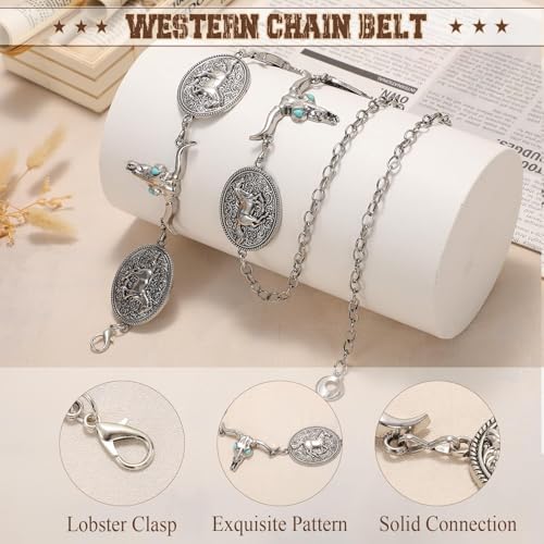 Image of WHIPPY Western Metal Concho Belt for Women Vintage Cowgirl Boho Turquoise Chain Belts for Dresses Jeans