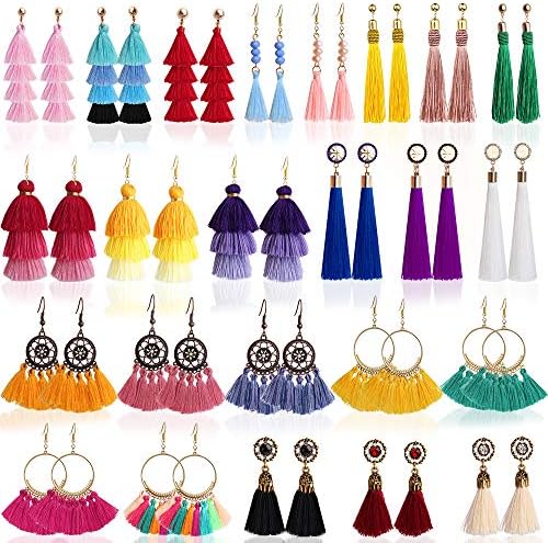 Outee 24 Pairs Tassel Earrings Layered Long Thread Ball Dangle Earrings Bohemian Tiered Tassel Drop Colorful Earrings Fashion Jewelry Multiple Style for Women Birthday Party Gifts