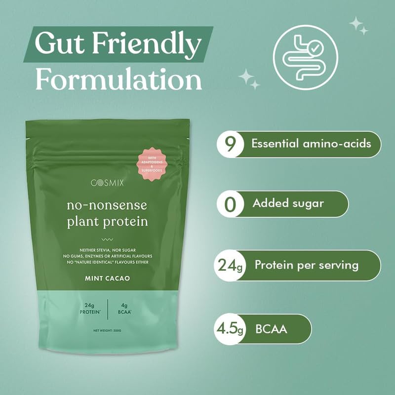 Image of Cosmix No Nonsense Plant Protein | Organic Pea & Rice Isolate | Vegan | 24g Protein /Serving | Easy To Digest | All Essential Amino Acids | No Preservatives| Mint Chocolate | Mint Cacao -2kg