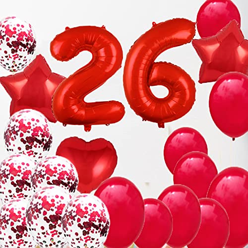 Image of Sweet 26th Birthday Decorations Party Supplies,Red Number 26 Balloons,26th Foil Mylar Balloons Latex Balloon Decoration,Great 26th Birthday for Girls,Women,Men,Photo Props