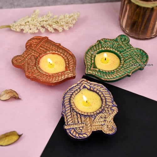 Image of Ascension 3 Shree Designer Wax Candle Deepak Special Reusable Diya Colourful Earthen Designer Diya Handmade Mitti Ke Deepak Diye Terracotta Decorative Diwali Deepak