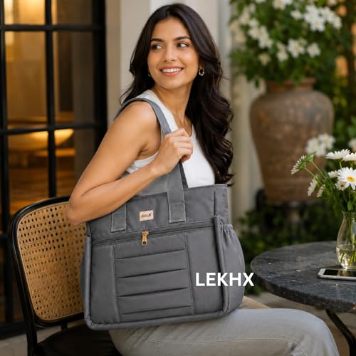 Image of LX LEKHX Tote Bag for Women | Lightweight Shoulder Handbag with 2 Main Zip Compartments & Multiple Pockets | Water Resistant Polyester Fabric | Office, Travel & Daily Use
