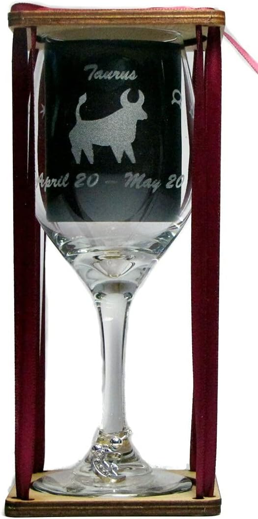 Taurus Astrological Sign Stemmed Wine Glass with Charm and Presentation Packaging