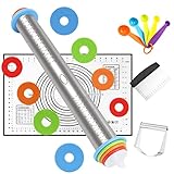 Yuragim Dicke-Verstellbares Nudelholz, Antihaft Nudelholz, Nudelholz Edelstahl, Nudelholz mit Abstandshalter, mit Distanz-Scheiben in 4 Größen, 1 backmatte fürFondant, Kuchen, Cookie, Gebäck Teig