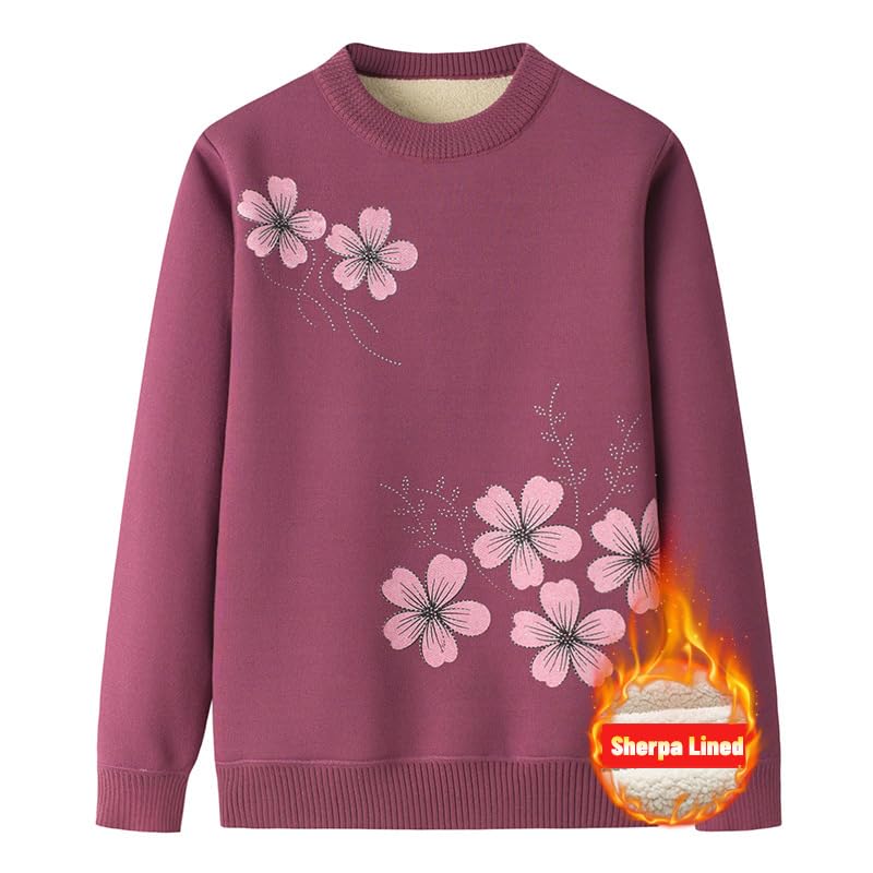 Women's Floral Graphic Warm Sherpa Fleece Lined Pullover Sweatshirt Casual Oversized Crewneck Cute Sweater Tops
