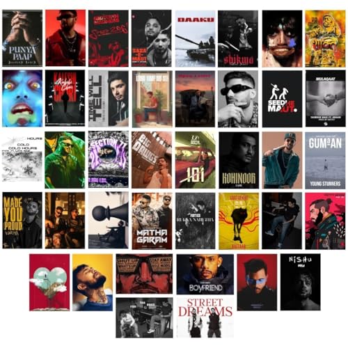 Image of auraposter Paper Desi Hip Hop (Set of 40) | DHH Mini Posters (15 x10 cm) | Mini Posters of Seedhe Maut, Krsna, Raftaar, Chaar Diwari songs for Wall, Bedroom, Living room | DHH Singers Desi Hip Hop