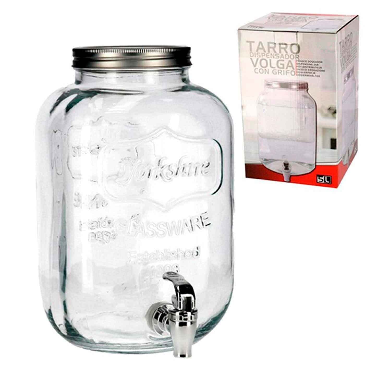 Tradineur - Tarro dispensador con grifo - Fabricado en Cristal Transparente - Capacidad de 5 Litros - Recipiente para servir agua, bebidas frías, refrescos - 27 x 16,5 cm