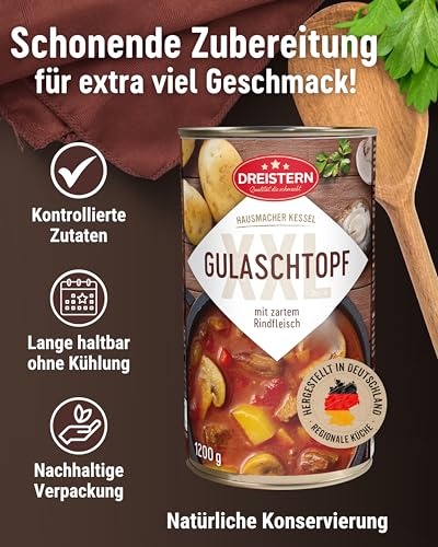 DREISTERN Gulaschsuppe 1200g I Mit Rindfleisch & Gemüse I XXL Herzhafter Eintopf in recyclebarer Konservendose I Lange Haltbarkeit dank natürlicher Konservierung I Hausmacher Qualität