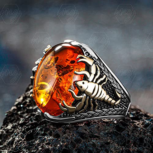 Mysilverworld Solid 925 Sterling Silver Amber Stone Scorpion Figure Men's Ring (11.5) #TOP1