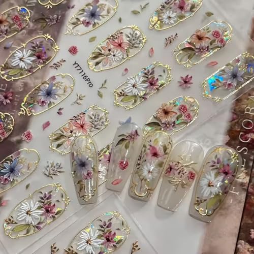 Flower Nail Art Stickers 5D Embossed Elegant Gold Retro Palace Style Nail Decals Shimmering Sparkle Nail Decals Spring and Summer Gold Floral Nail Supplies for Women Girls DIY Manicure Decoration 1Pc