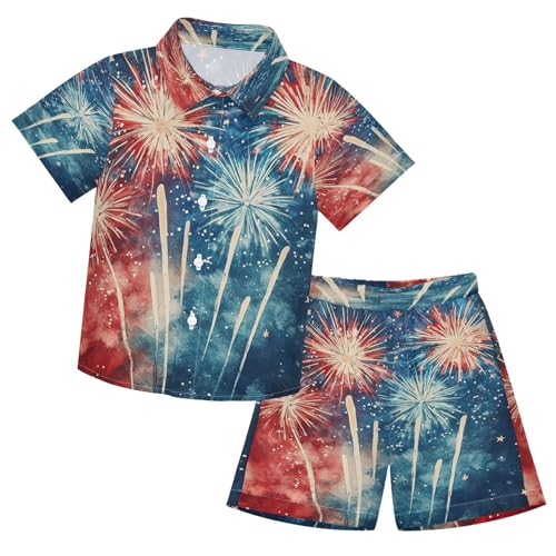 Boccsty Fireworks American Flag Boy Summer Shorts Sets Hawaiian Toddler Boys T-Shirt & Pants 2 Pcs 3T