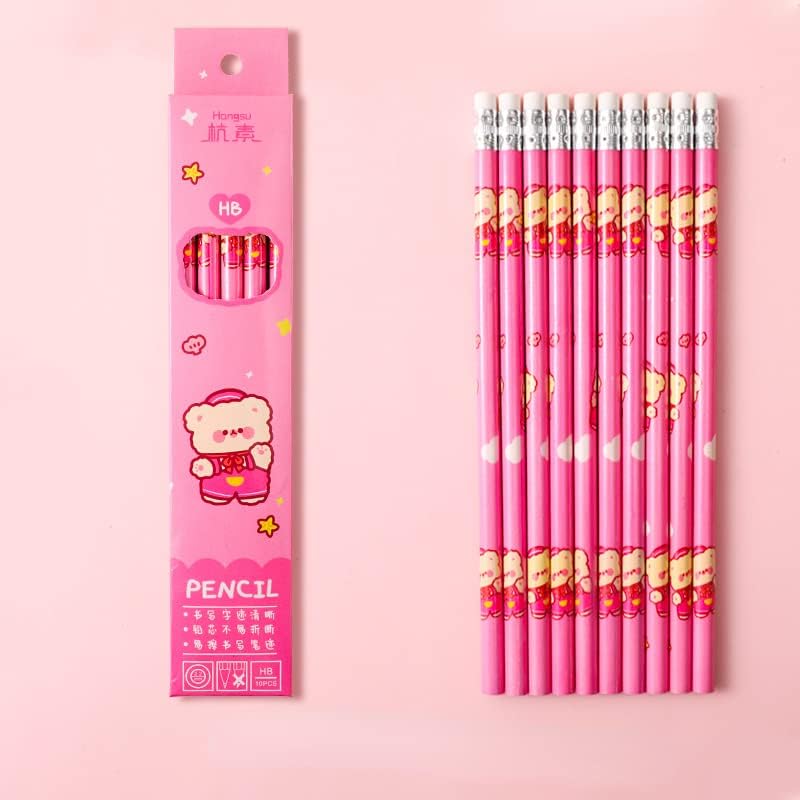 Paquete de 10 lápices Kawaii con borrador, bonitos suministros escolares estéticos para el regreso a la escuela (rosa)