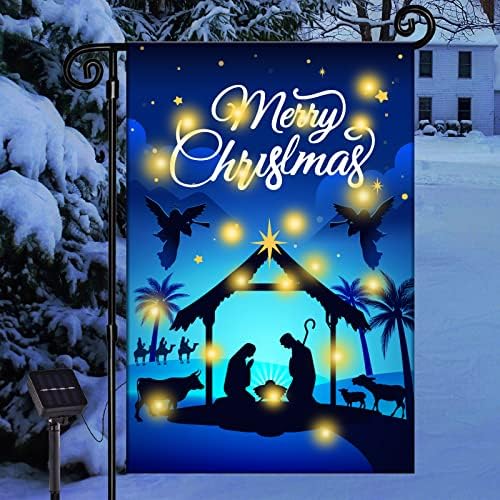 Nativity Christmas Lighted Garden Flag - Solar LED Burlap Religio...