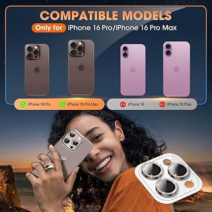 Image of Glitter Diamond Camera Lens Protector for iPhone 16 Pro / 16 Pro Max Desert UHD 9H Tempered Glass, Sparkle Crystal Design Camera Guard Scratch & Drop Resistant, Waterproof Case Friendly Camera Cover