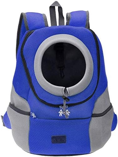 Mogoko Cat Dog Backpack Carrier, Puppy Pet Front Pack with Breathable Head Out Design and Double Mesh Padded Shoulder for Outdoor Travel Hiking (L, Blue)
