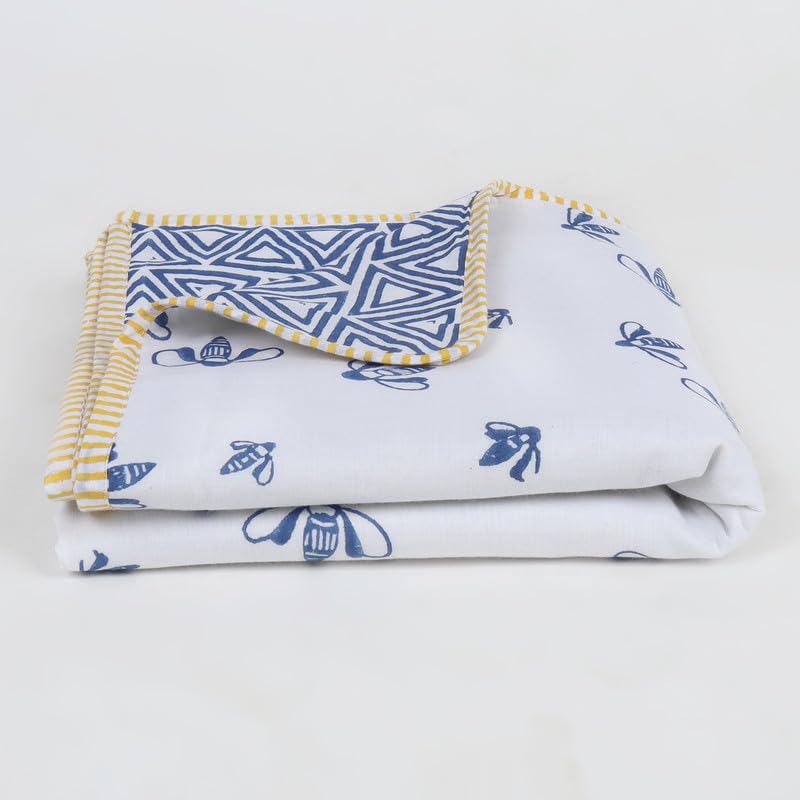 Gababee Leebee The Honeybee Kids Blanket Cotton Ac Blanket Hand Block Printed with AZO Free Dyes Dohar for Newborn Baby Boy and Girl (3-12 Years, Size- 160 Cm X 100 Cm)(Indigo)
