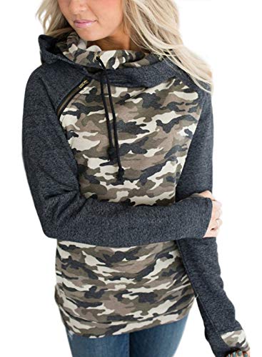 ROSKIKI Women's Long Sleeve Color Block Camo Zip Up Double Hoodies Sweatshirts Pullover with Pocket Gray S
