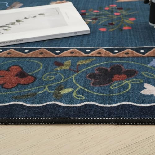 Runner Rug for Kitchen Non Slip 2'x6' Washable Rugs with Rubber Backing Soft Floral Animal Cat Carpet Runner for Kitchen Laundry Bedroom Bathroom, Pearl Gentian Blue