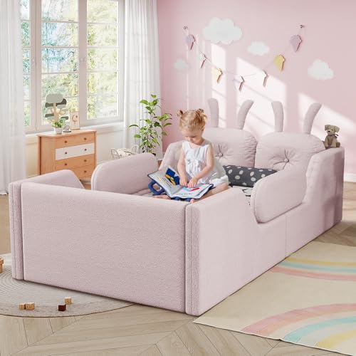 Image of Twin Size Kids Bed with Rabbit Cushions, Upholstered Boucle Fabric Platform Floor Twin Daybed with Removable Side Rail, Space-Saving Wooden Corner Sofa Couch Bed Frame for Girls, Boys, Teenager(Pink)