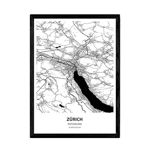Nacnic Affisch med karta över Zürich - Schweiz. Lakan städer i Europa med hav och floder i svart färg. A3-storlek