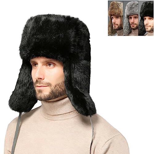 OSMARI Winter Leder Russische MüTze MäNner Frauen PelzmüTze Mit 100% Kaninchenfell Flieger Ohrenklappen Winddicht MüTze (L, Schwarz)