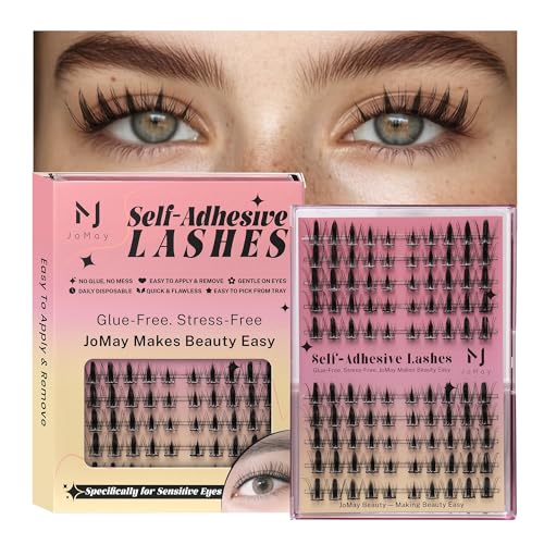 JoMay Self Adhesive Press On Lashes No Glue Needed, Pre-Glued Clusters with Thin Band, Natural Wide-Eye Effect, Reusable for Beginners, Pre-Separated L/R 10 Pairs - Doll Eye Lash Clusters