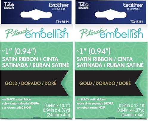 Image of Brother P-Touch Embellish Gold Print on Black Satin Ribbon TZE-R354 - ~1 inch Wide x 13.1' Long (24mm x 4m /4.37yds), TZER354 (Pack of 2)
