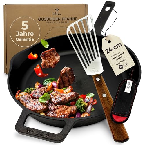 Ottia Gusseisenpfanne Induktion 24cm mit eKochbuch, Pfannenwender, Hitzeschutz - geschliffene Pfanne Gusseisen, Eisenpfanne, Cast Iron Pan, Gusspfanne, Gusseiserne Pfanne, Gusseisen-Pfanne, Gusspfanne