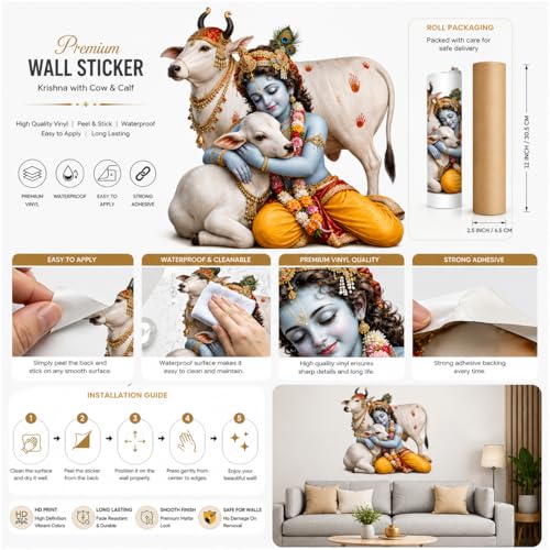 Image of Rangoli Krishna Cow Wall Sticker Self-Adhesive 16 x 16 Inch Waterproof Wall Decor for Living Room Bedroom Office Divine Love Krishna Wall Decal