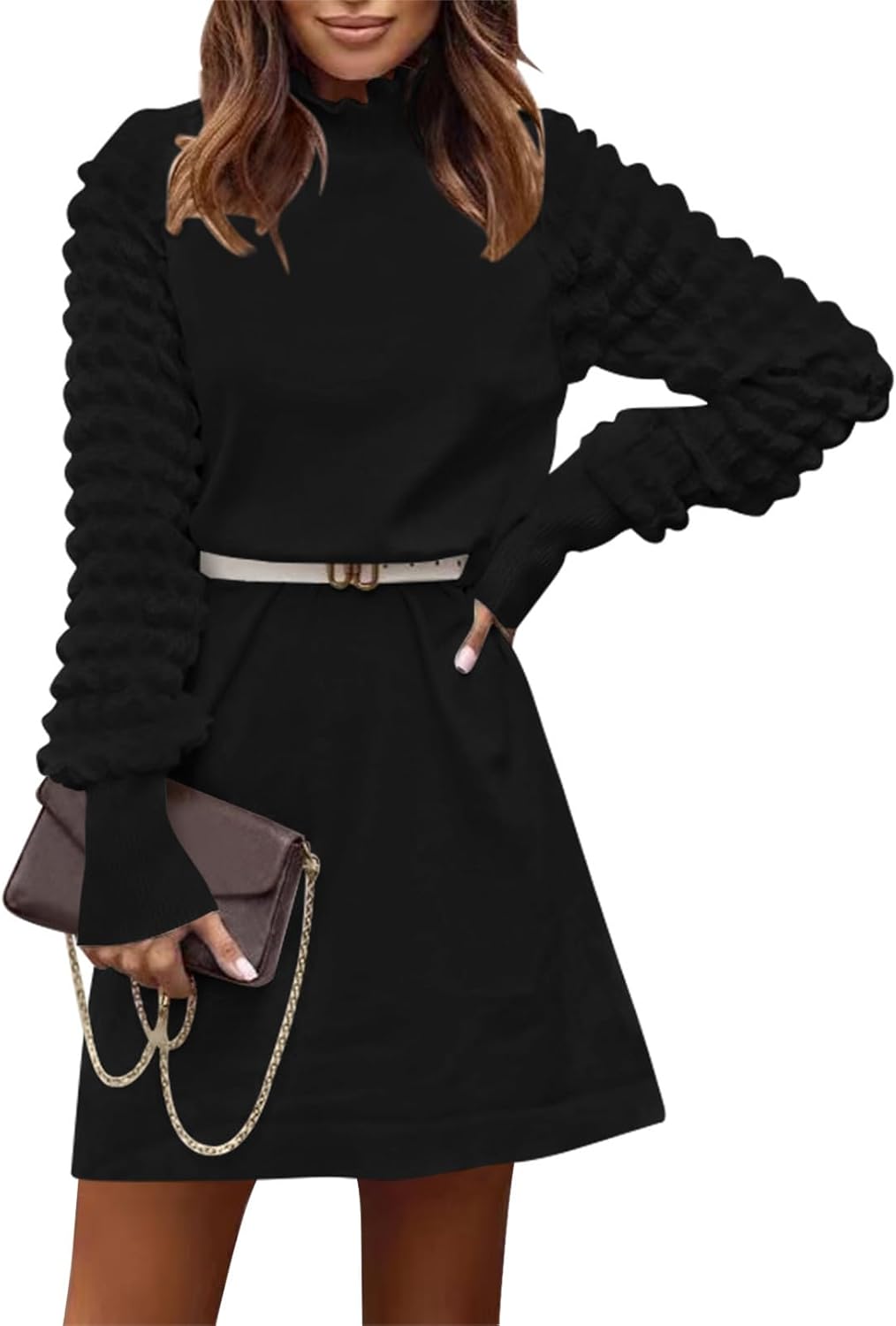 HUUSA Winter Dresses for Women 2025 Fall Puff Long Sleeve Sweaters Loose Mock Neck Outfits Sexy Mini Dress Going Out - Image 8