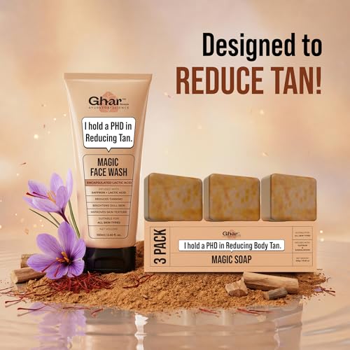 Image of Ghar Soaps Magic De-Tan Face Wash & Sandalwood Saffron Bath Soap Combo Pack of 3 | With Sandalwood, Saffron & Glutathione | Tan Removal, Skin Brightening & Glowing Skin | Handmade & Paraben-Free | For Men & Women