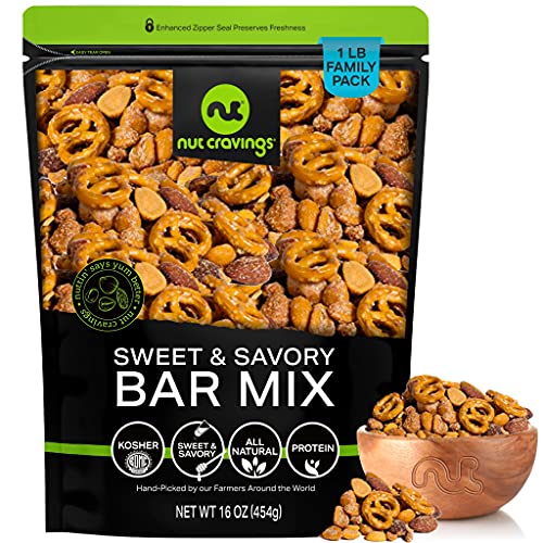 Party Bar Nut Mix, Sweet & Savory Pub Snack - Smoked Almonds, Pretzels, Toffee Peanuts, Spicy & Honey Roasted Peanut (16oz - 1 LB) Packed Fresh in Resealable Bag - Healthy Protein Food, Kosher