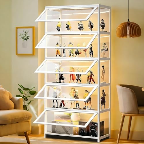 Display Cabinet with Acrylic Glass Door, 4 Tier Curio Display Case, Collectibles Toy Organizers Rack & Display Shelf, Kids Bookcase for Bedroom, Reading Nook, Toddler's Room, Bamboo