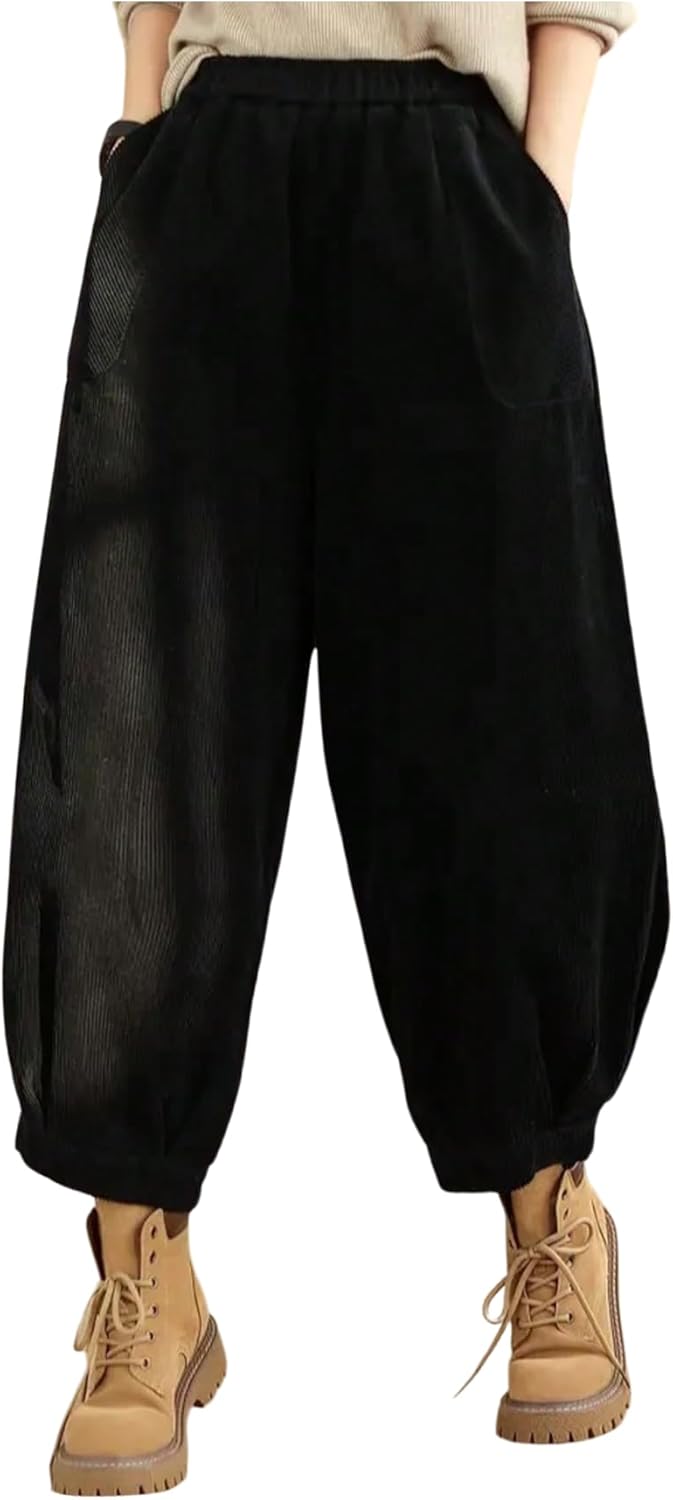 Verdusa Women's Streetwear Corduroy Pants Casual Wide Leg Barrel Pants with Pockets